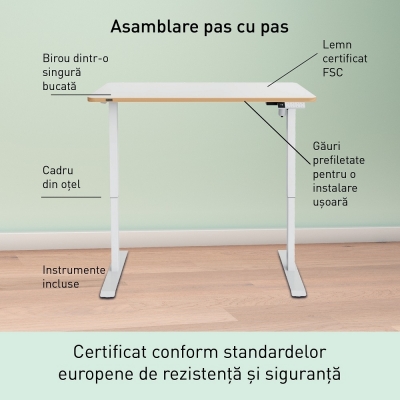 Birou ergonomic Leitz Ergo, electric, 120x70 cm, ajustabil, certificare FSC, alb
